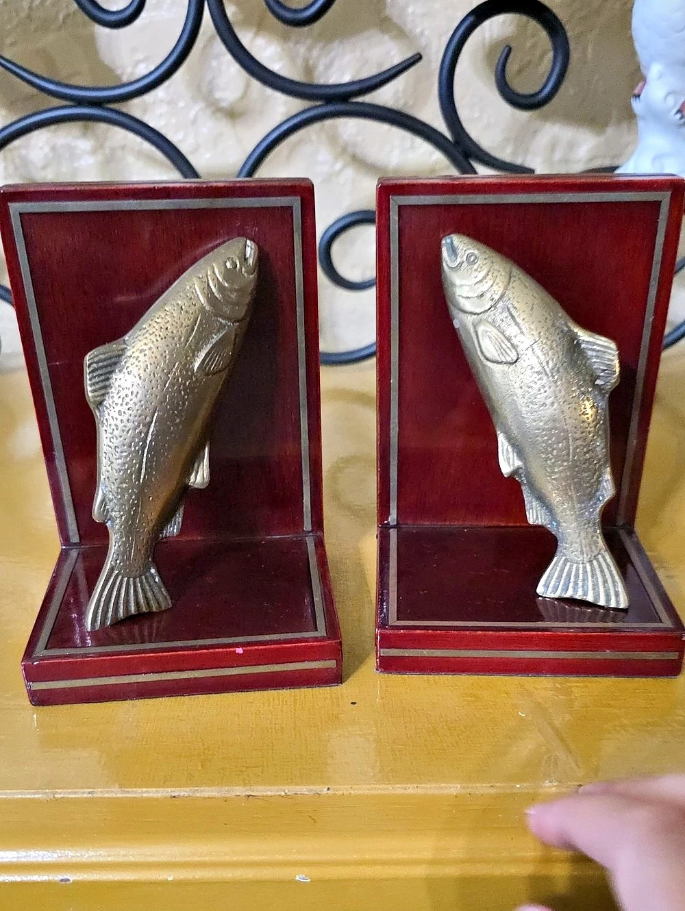 Brass Fish Bookends Pair Red & Brown Wood Tone